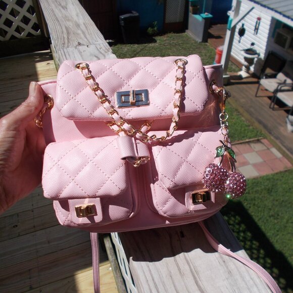 Pink Quilted Mini Backpack With Cherry charm - Picture 1 of 5